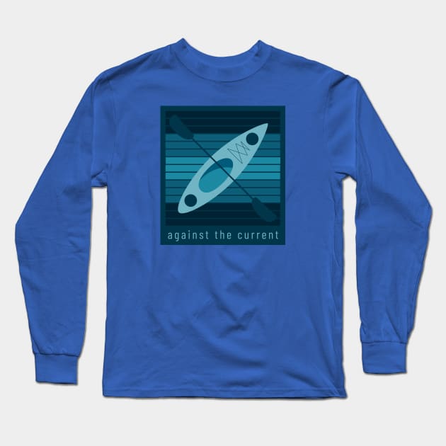 Against the Current Kayak, teal on stripes, dark Long Sleeve T-Shirt by jwsparkes